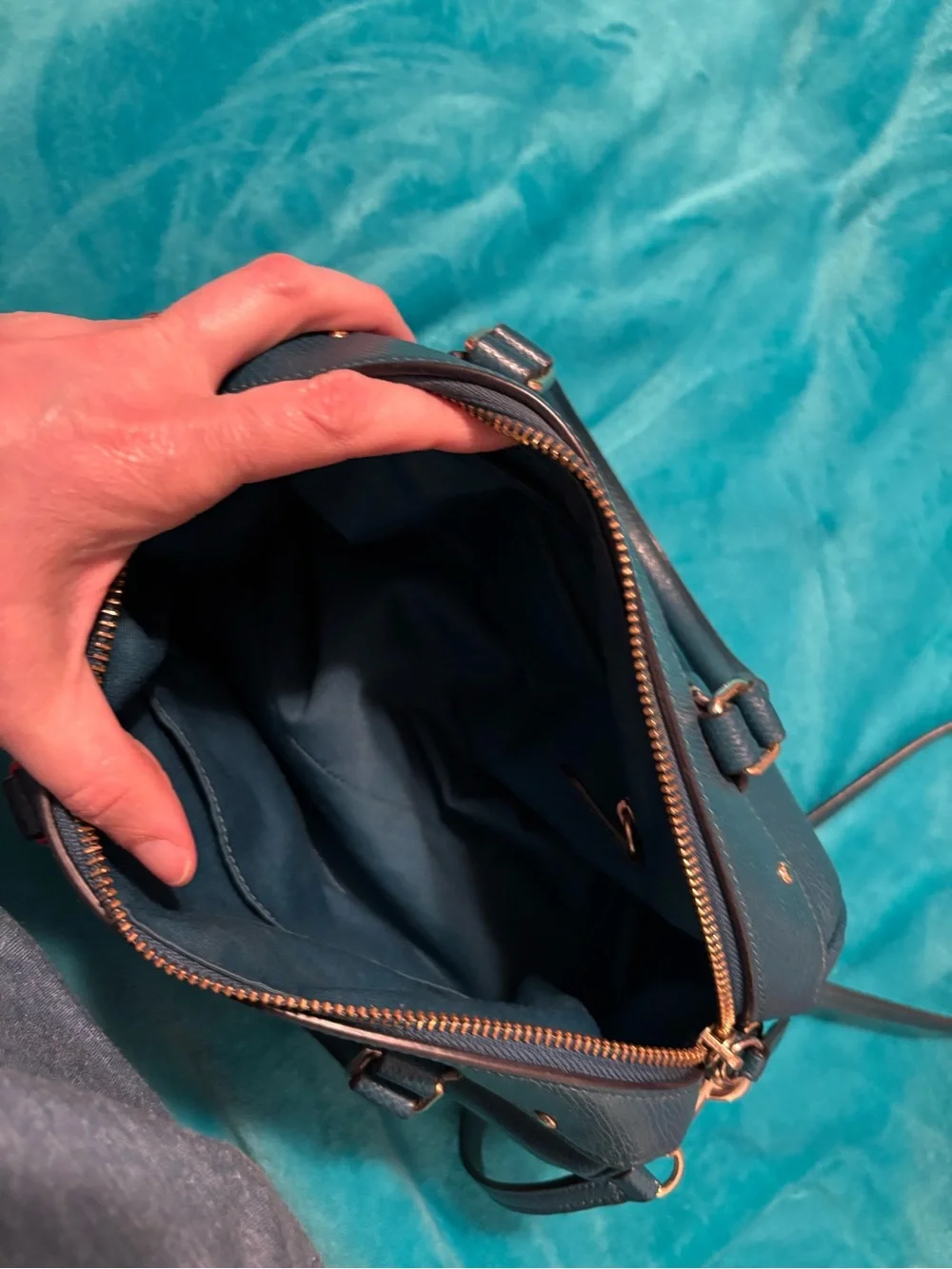 COACH Teal Pebbled Leather Dome Satchel with Detachable Strap